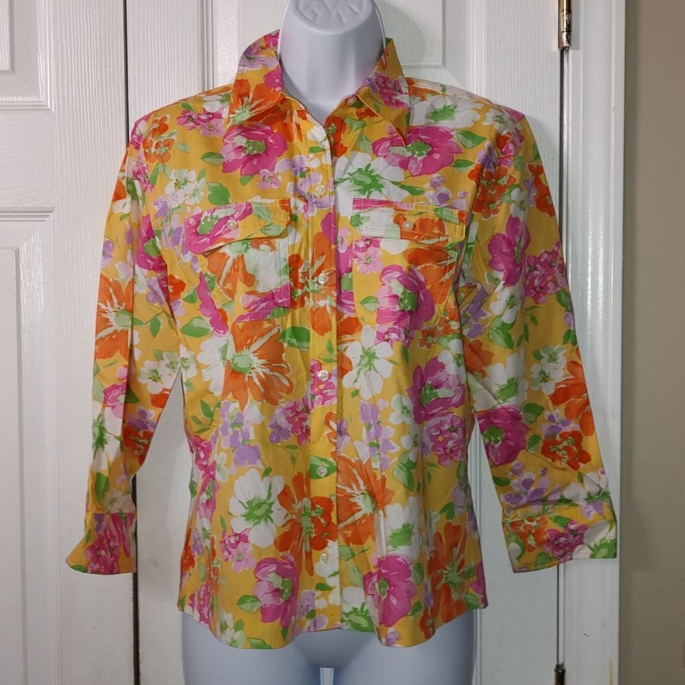 Chaps Classic bright floral beachy summer party  button down shirt  Sz S